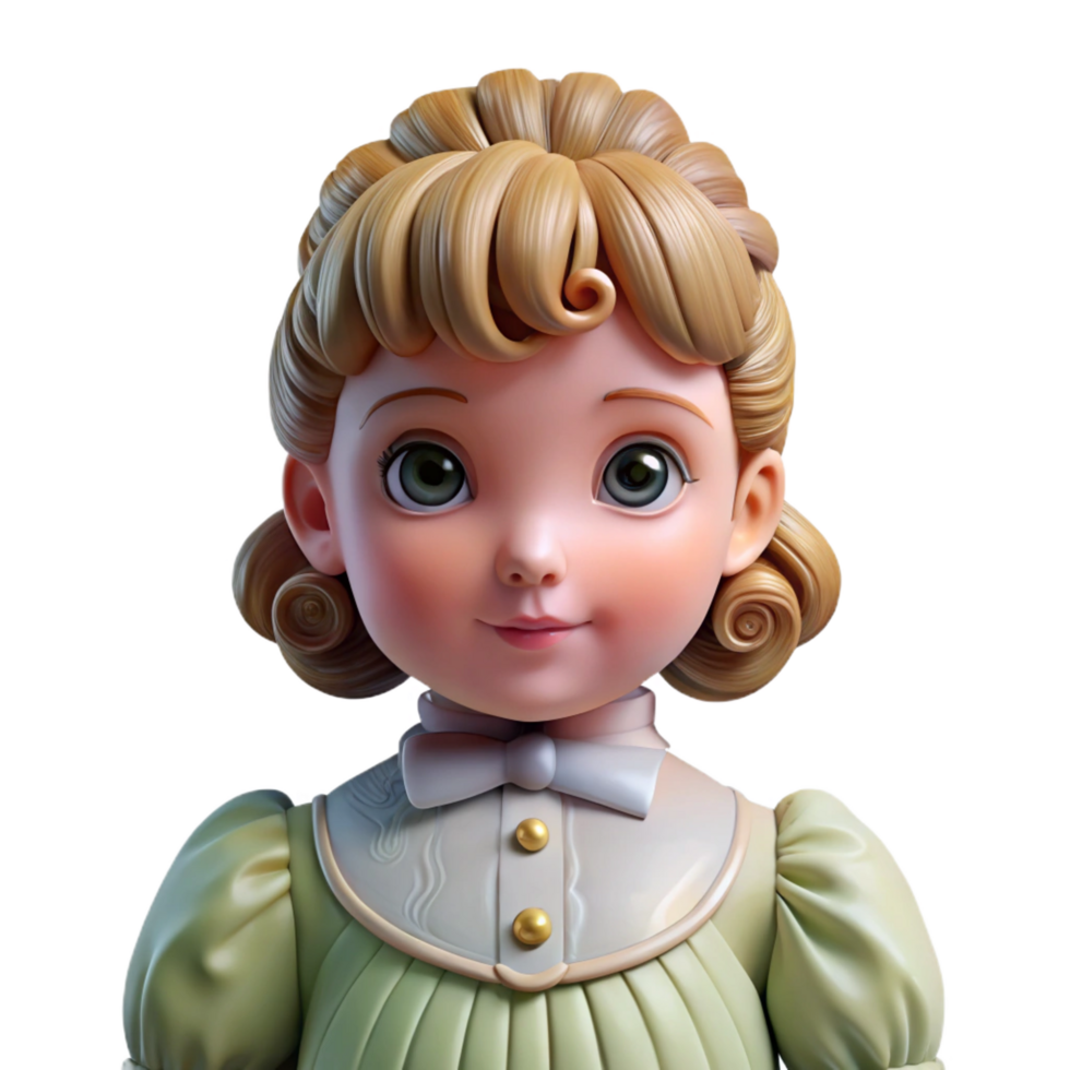 nostalgic radiant Ultra-detailed, professional render of a vintage porcelain doll, isolated cutout, photorealistic with Transparent Background gallery standard png