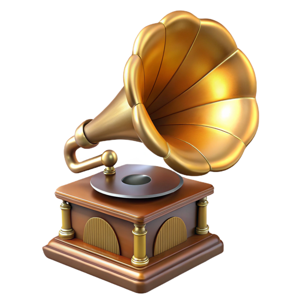 distinctive retro Photorealistic, hyper-specific professional render of a single, antique gramophone, isolated cutout with Transparent Background masterfully captured png