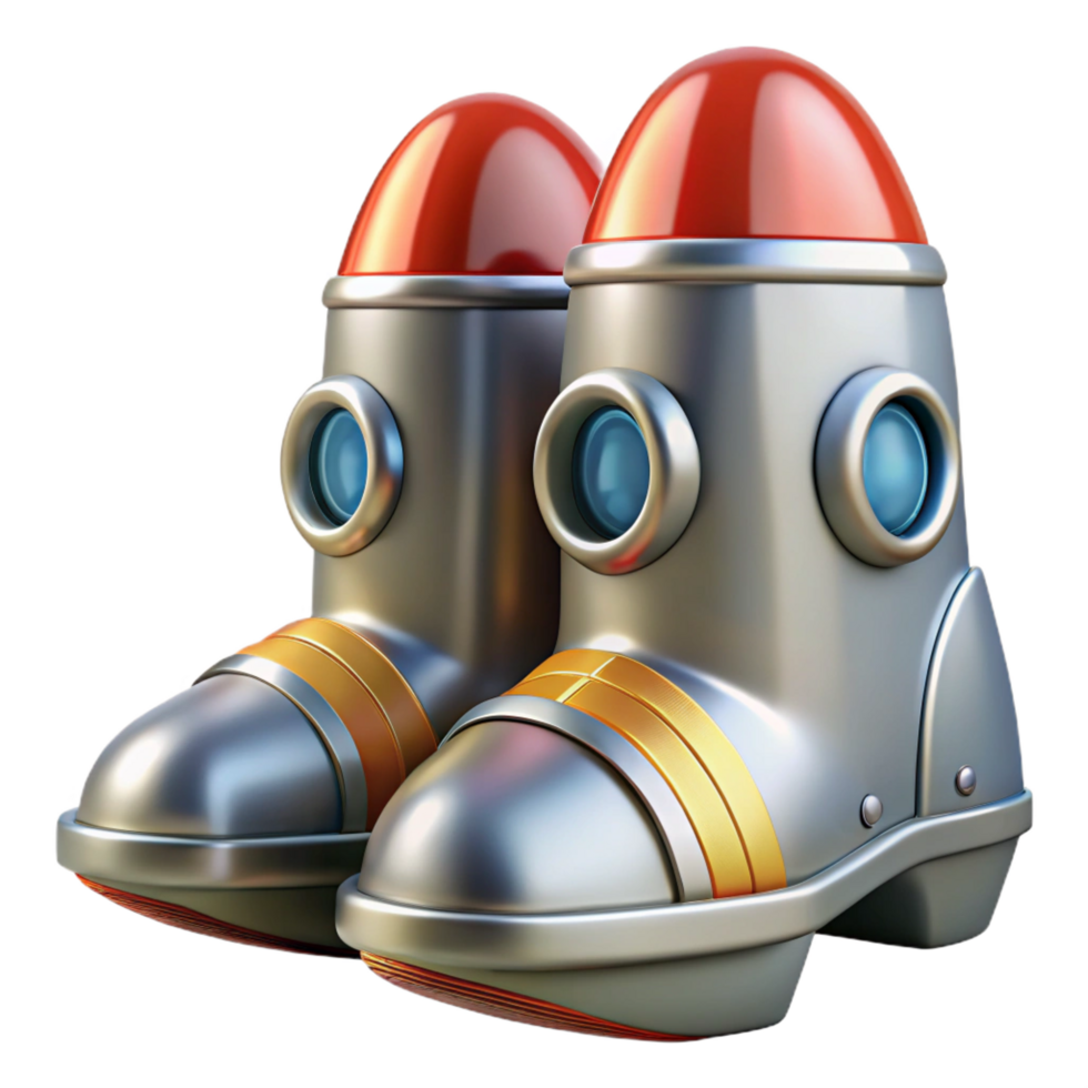 remarkable coastal Ultra-detailed, photorealistic isolated cutout of a pair of retro-futuristic rocket boots with fins and exhaust ports, polished aluminum finish with Transparent Background 8K png