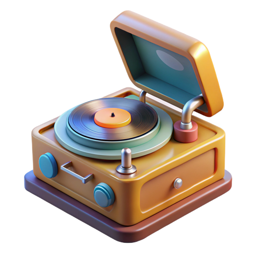 splendid timeless Professional render, isolated cutout of a hyper-specific design for a retro-futuristic record player with vacuum tubes and a levitating turntable with Transparent Background png