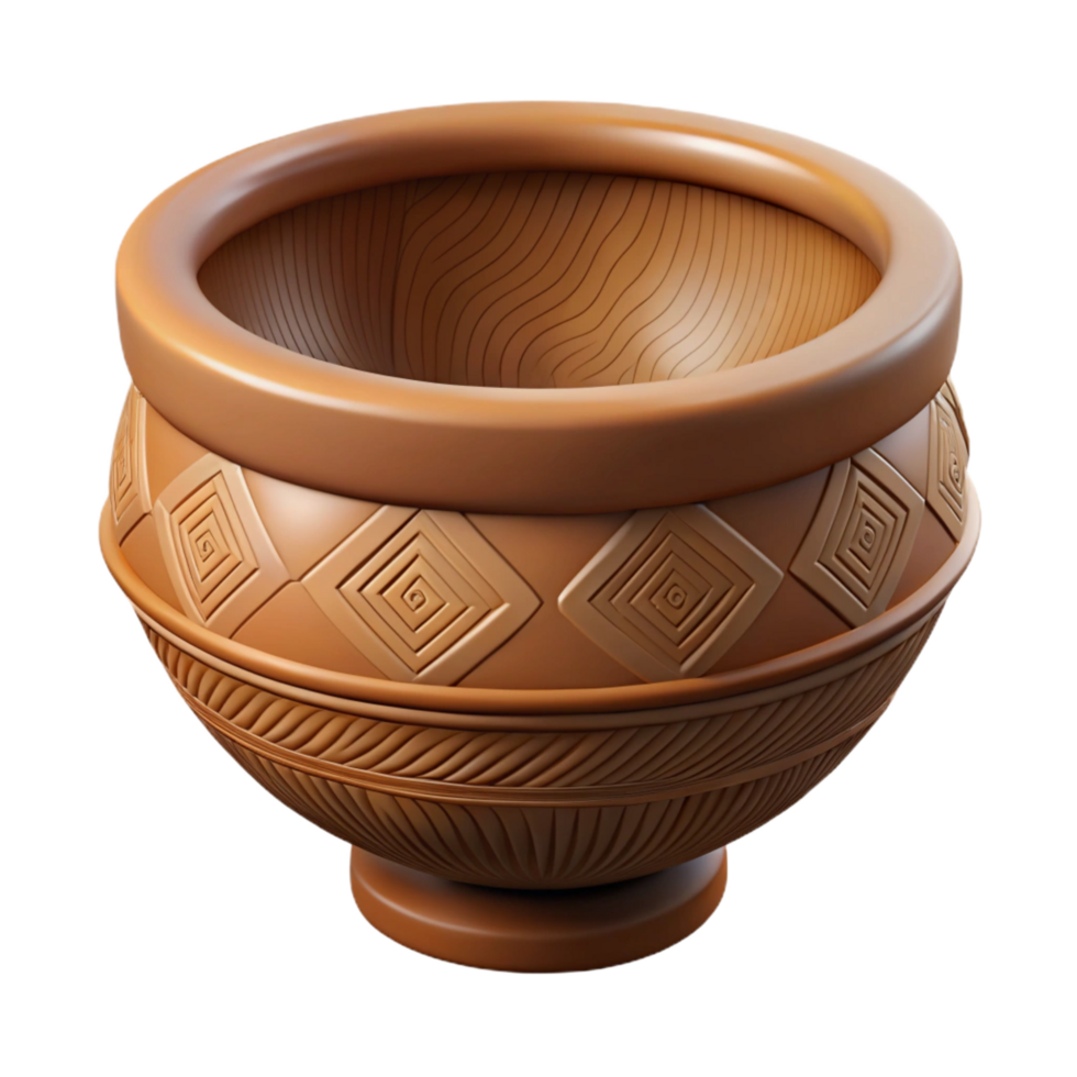 mesmerizing nostalgic retro Professional render, hyper-specific, isolated cutout, tribal wooden bowl, carved interior, geometric patterns with Transparent Background flawless png