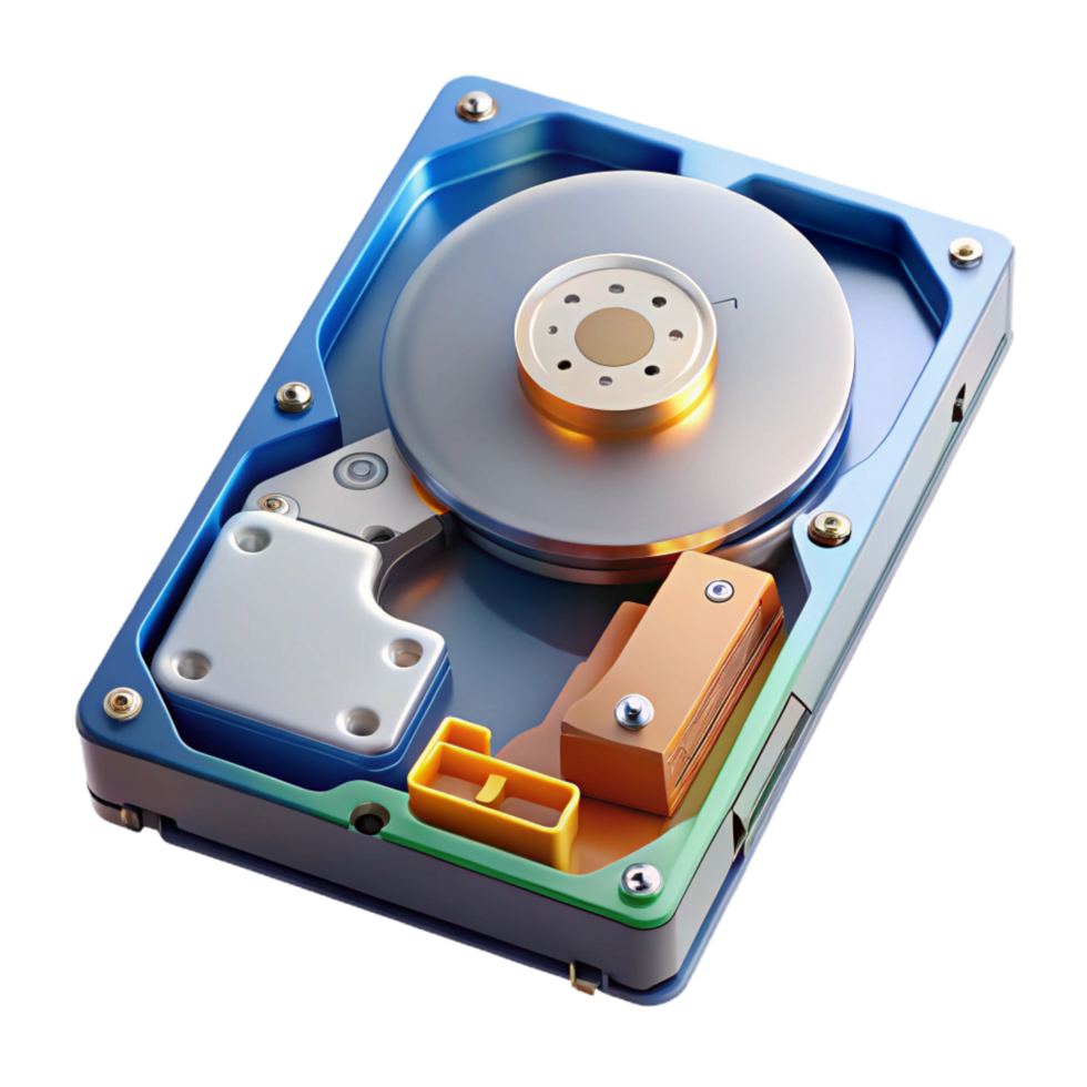 mysterious extraordinary Photorealistic render of a single disassembled computer hard drive showing internal components, isolated cutout with Transparent Background top-tier png