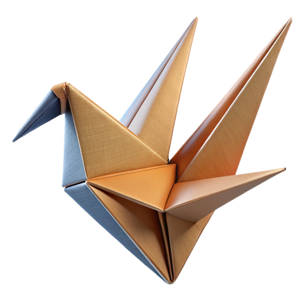 melancholic spectacular Hyper-specific professional render of an isolated, floating, origami-folded paper crane made of textured fabric Isolated cutout with Transparent Background original png
