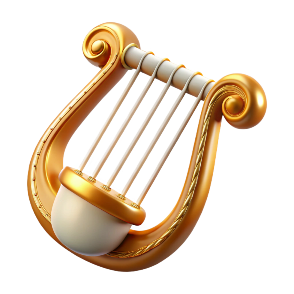 striking dreamy contemporary Hyper-specific, isolated cutout Photorealistic render Single Apollo's Lyre, golden strings, intricate carvings with Transparent Background exclusive png
