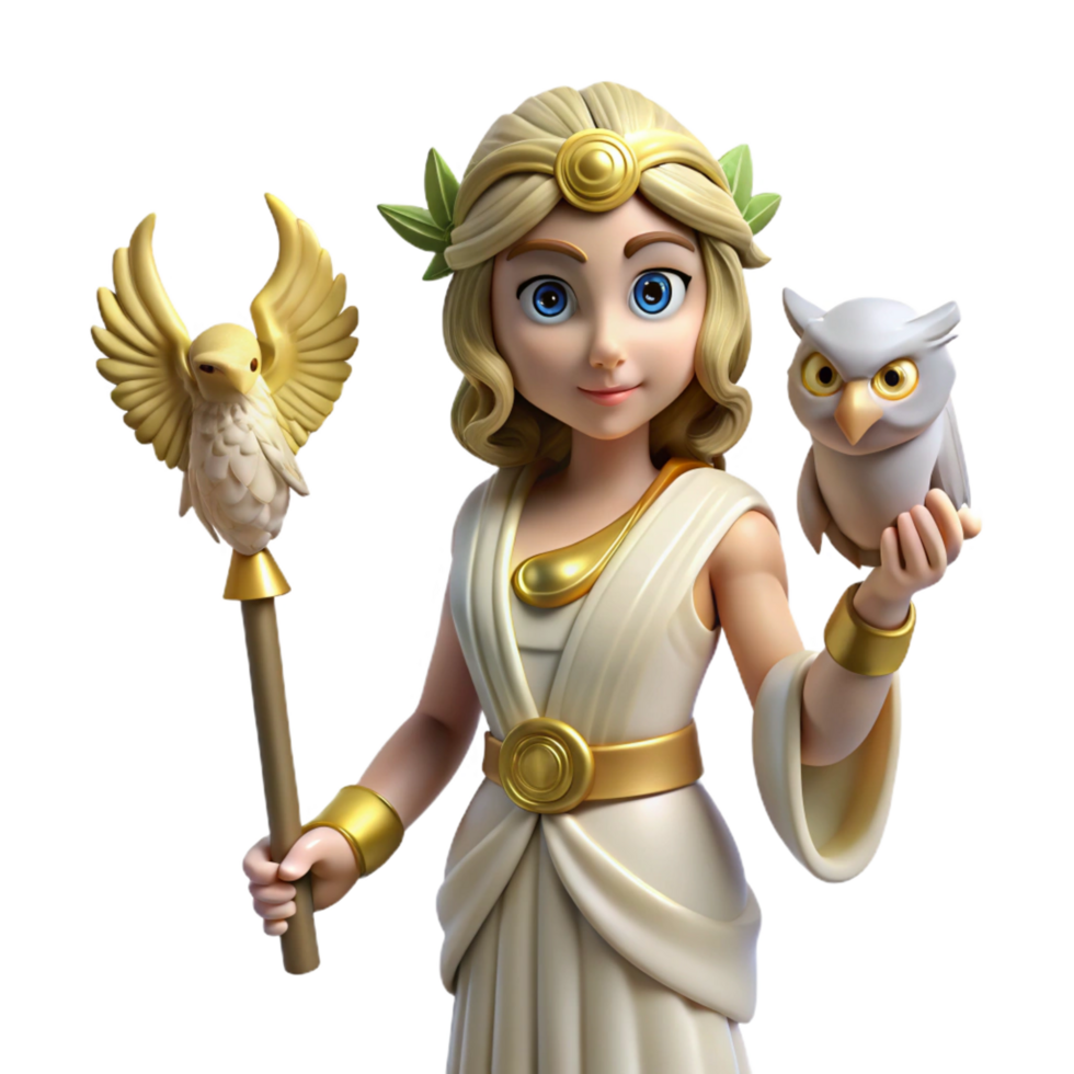majestic melancholic modern Athena, goddess of wisdom, with an owl with Transparent Background authentic png