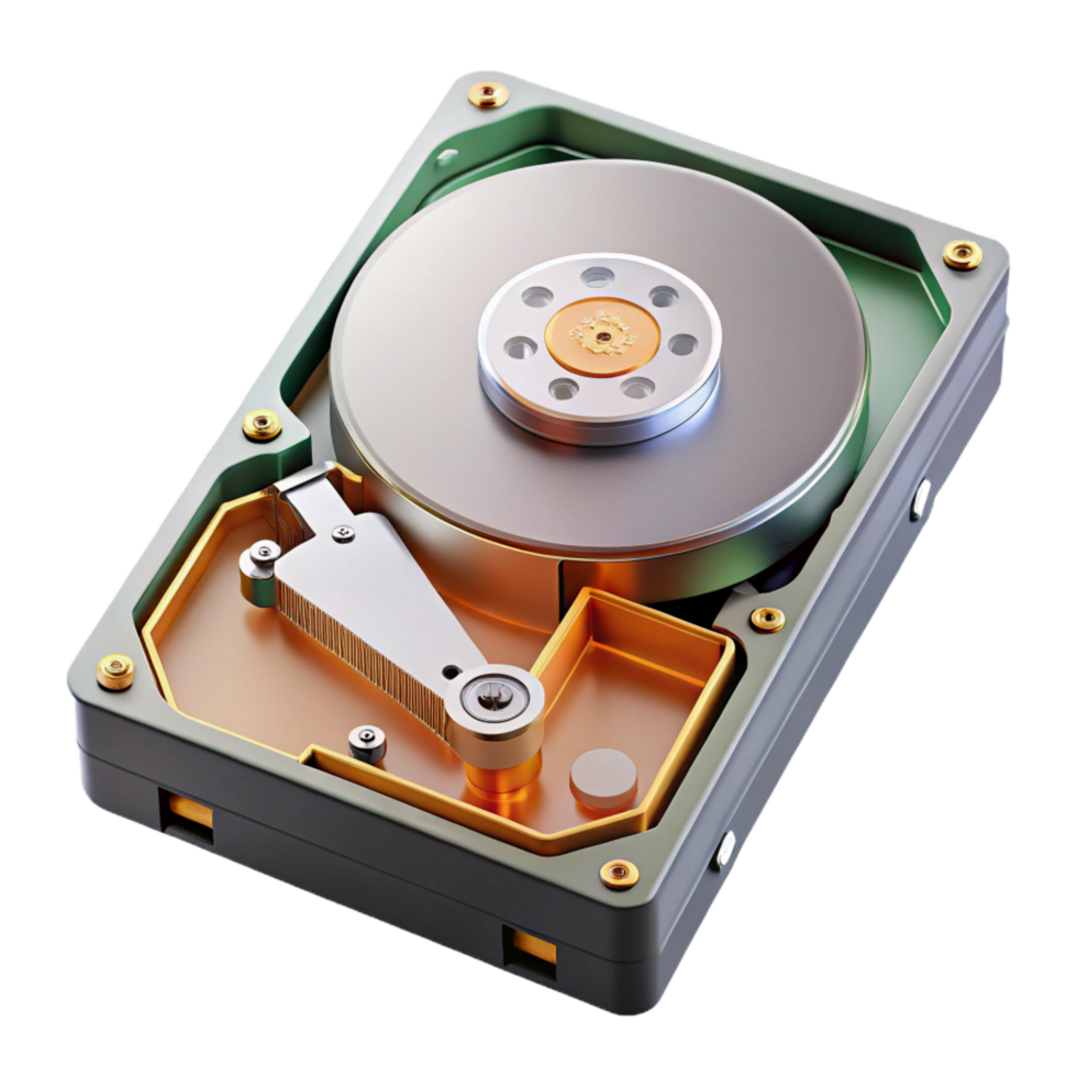 exquisite exceptional Photorealistic render of a single disassembled computer hard drive showing internal components, isolated cutout with Transparent Background png