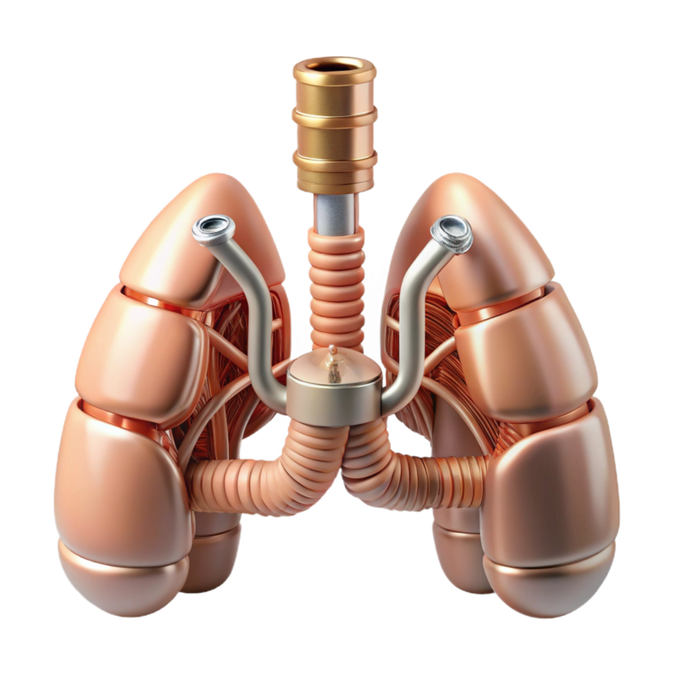 serene reflective artistic Concept art style biomechanical lung, intricate network of tubes and filters, pulsating bellows, copper and glass, isolated cutout with Transparent Background 8K png