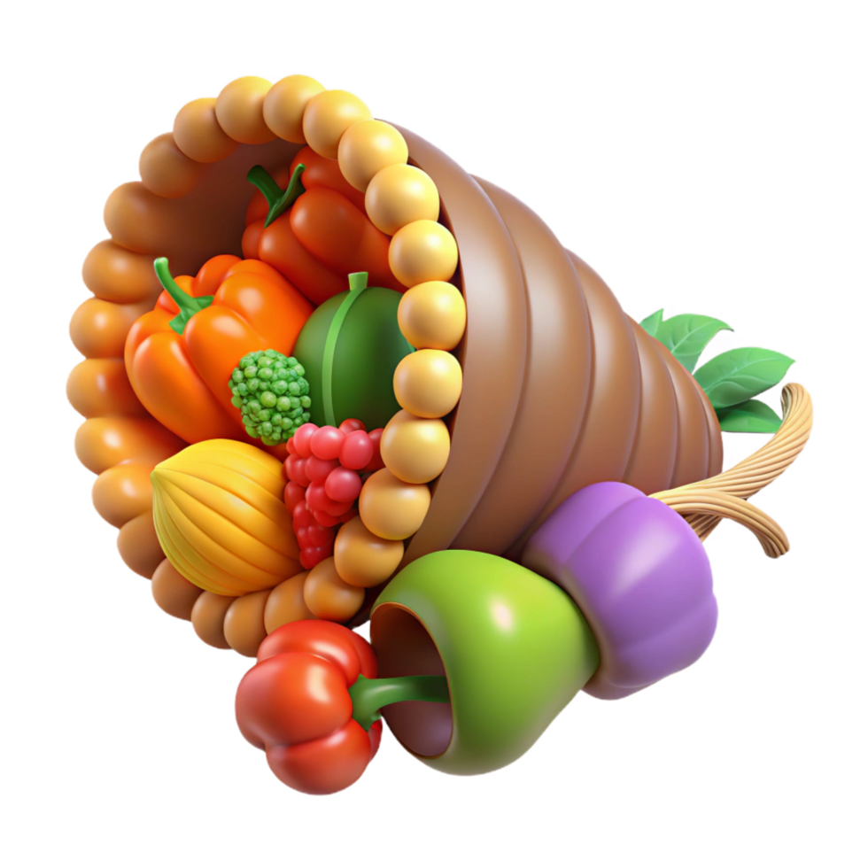 striking iconic Cornucopia, horn of plenty, overflowing with fruits and vegetables, with Transparent Background png