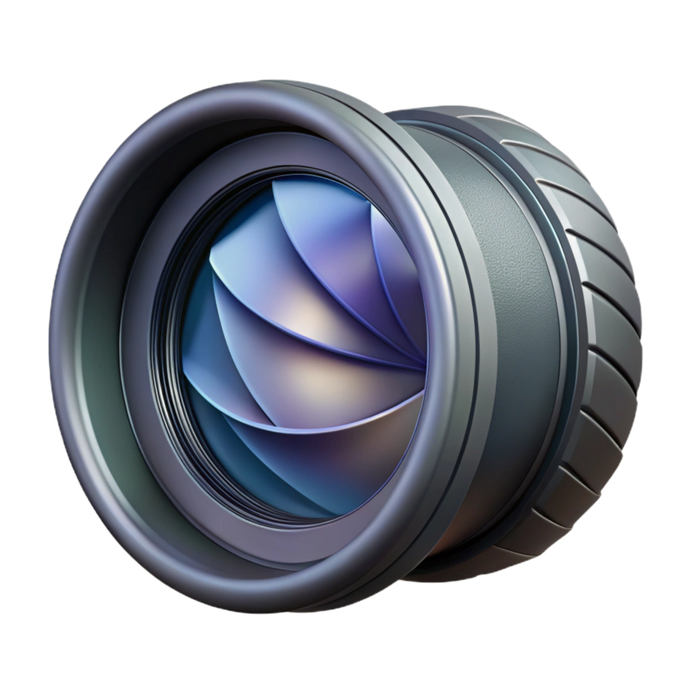 dramatic futuristic Photorealistic, isolated cutout of a single DSLR camera lens, hyper-specific aperture blades, ultra-detailed with Transparent Background premium png
