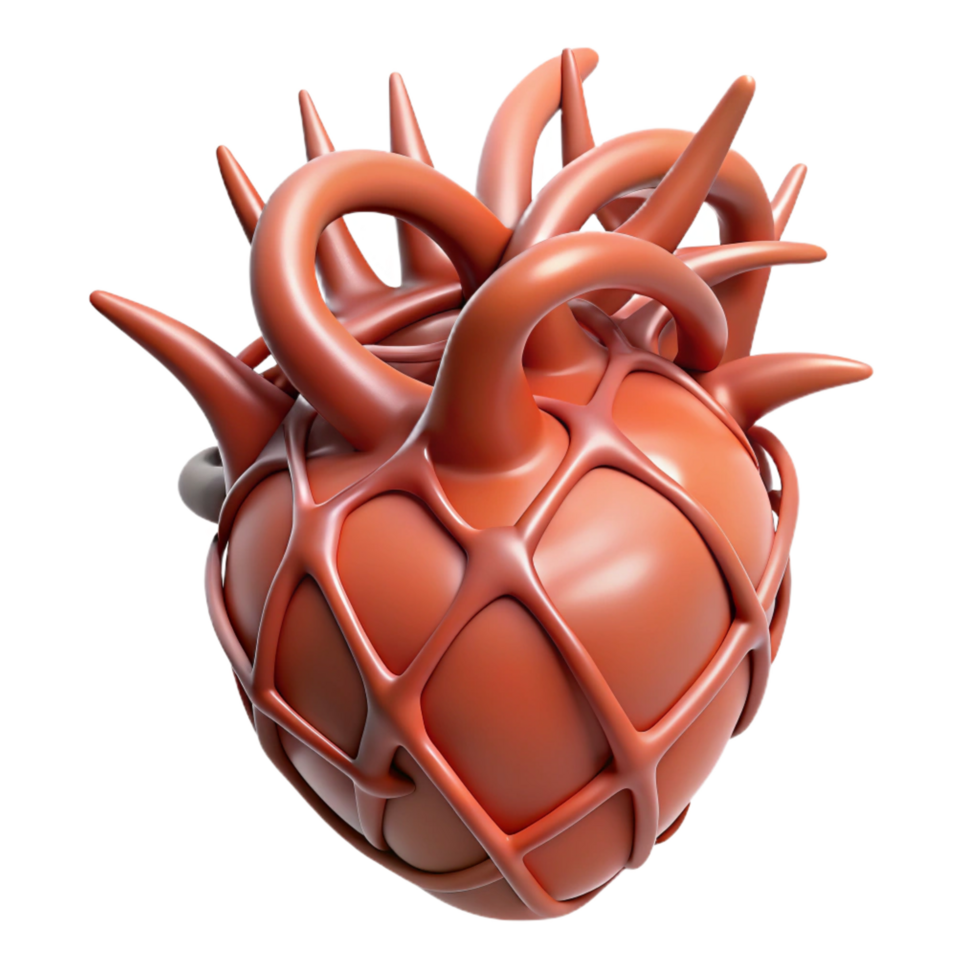 iconic traditional Isolated cutout, ultra-detailed concept art style rendering of a single, stylized human heart made of thorns with Transparent Background impeccable png