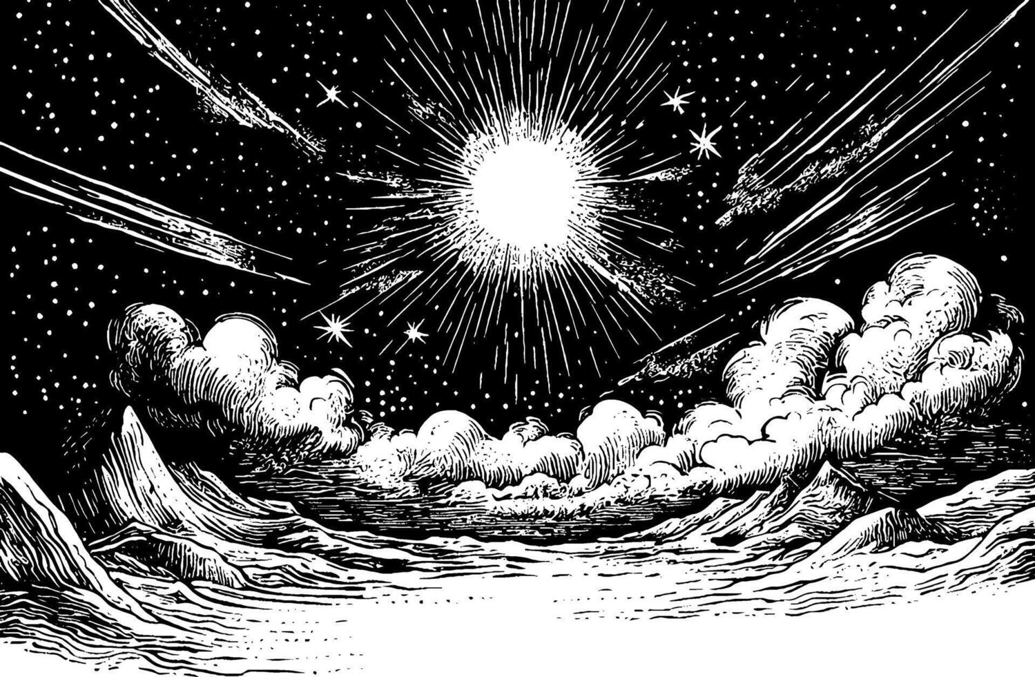 A dramatic black and white illustration of a celestial scene featuring a bright sun surrounded by stars and comets, with clouds and mountains in the foreground. vector