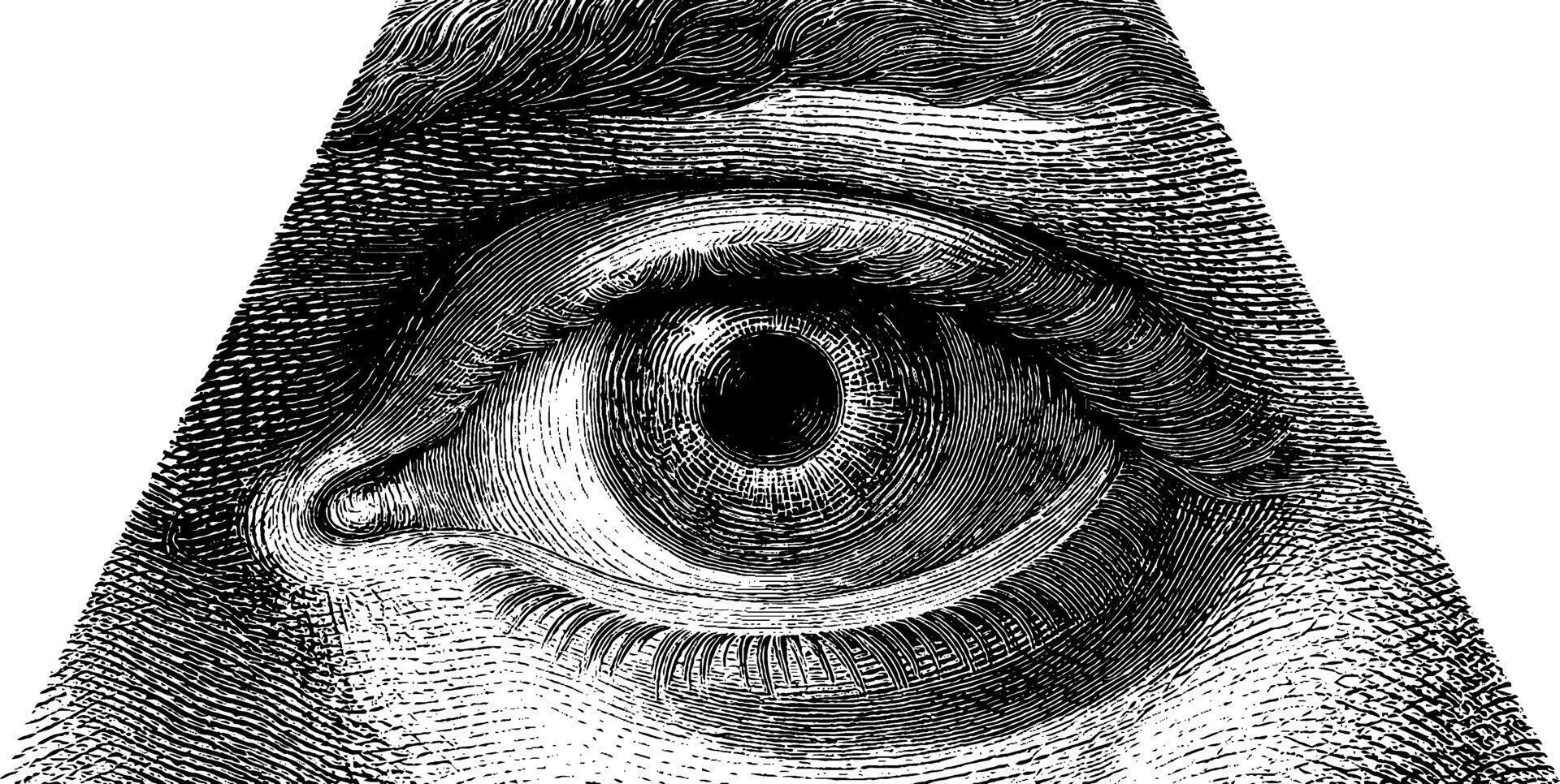 Detailed engraving of eye in pyramid illustrating symbolic all-seeing eye concept. vector