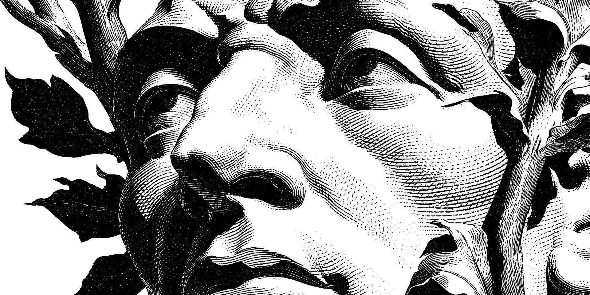 Engraved face with tree branches black and white art. vector