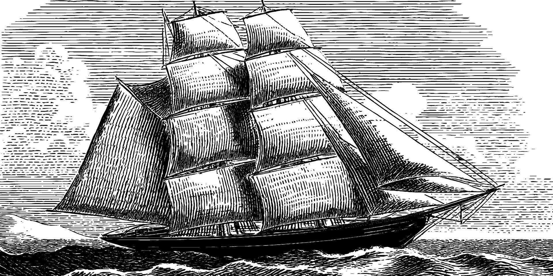 Engraved vintage sailing ship on ocean waves for nautical design and historical themes. vector