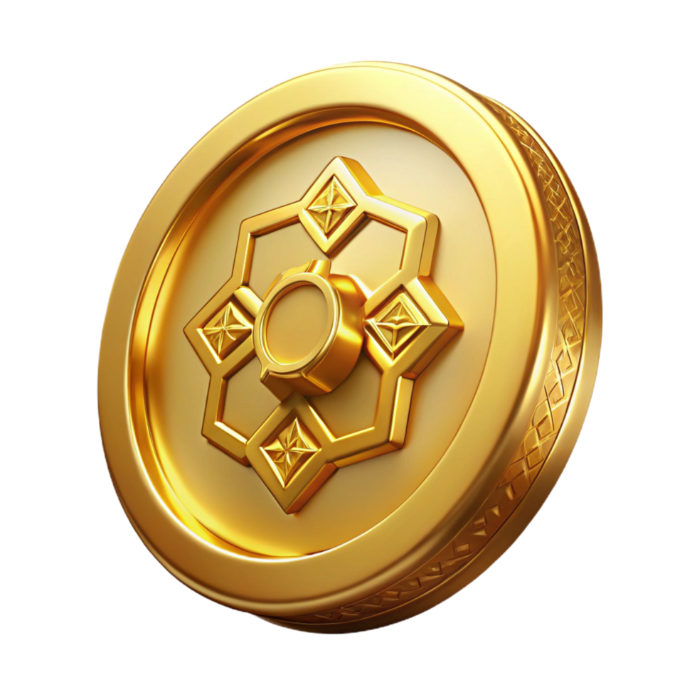 exemplary modern Ultra-detailed, professional render of a single, gold coin with intricate engravings and relief Isolated cutout with Transparent Background gallery standard png