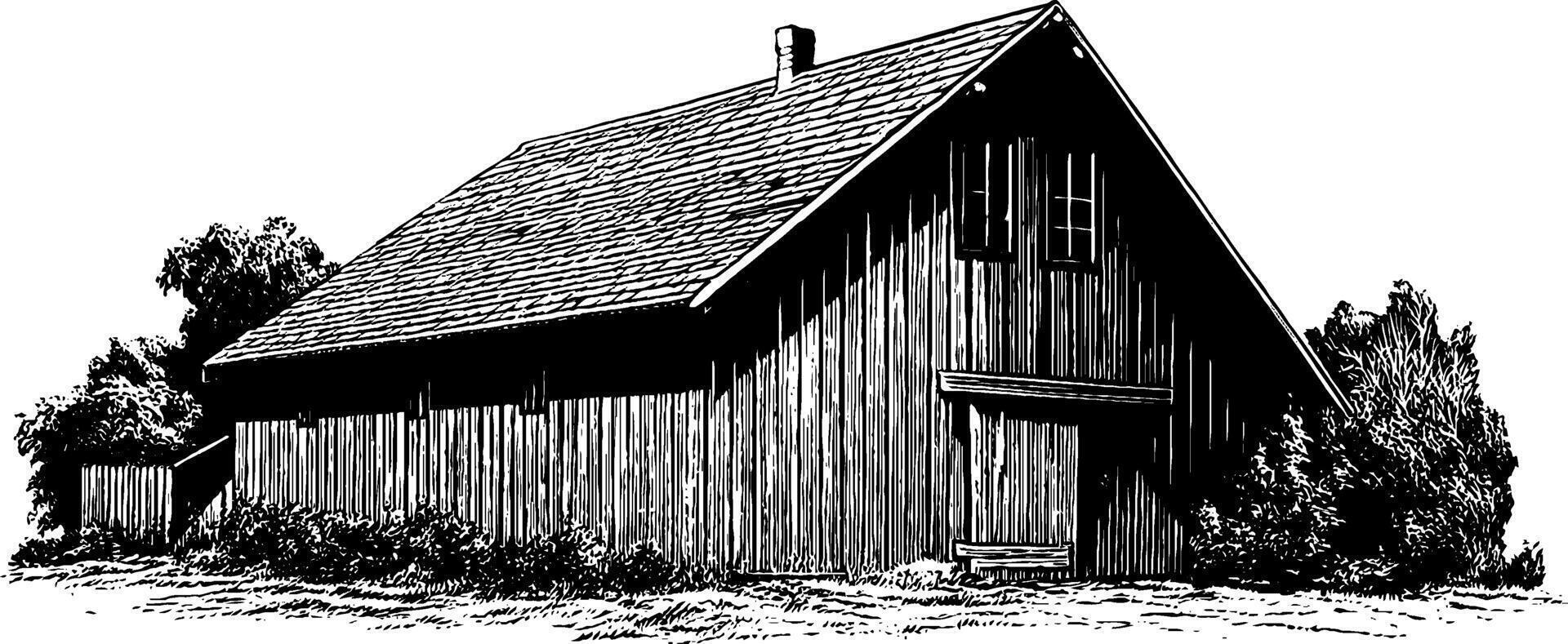 Vintage 1950s woodcut style barn illustration in black and white. vector