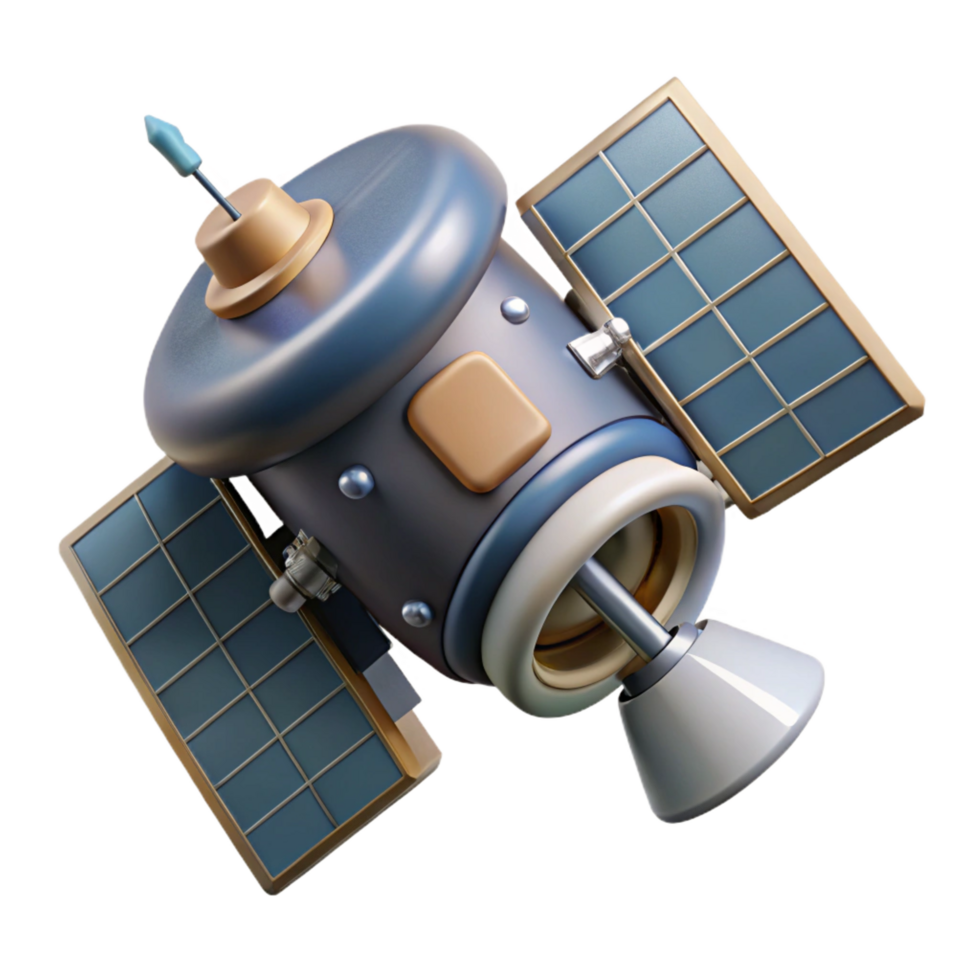vibrant mysterious nordic Hyper-specific, photorealistic, isolated cutout, ultra-detailed render of a single, damaged satellite with exposed wiring with Transparent Background artisan png