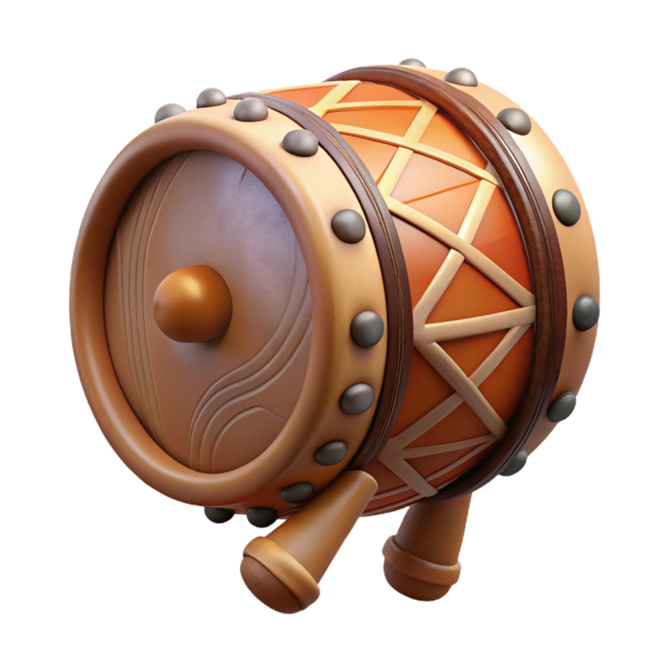 spectacular dynamic minimalist Hyper-specific, professional render, isolated cutout of a tribal hand drum, animal skin, wooden frame, painted symbols with Transparent Background authentic png