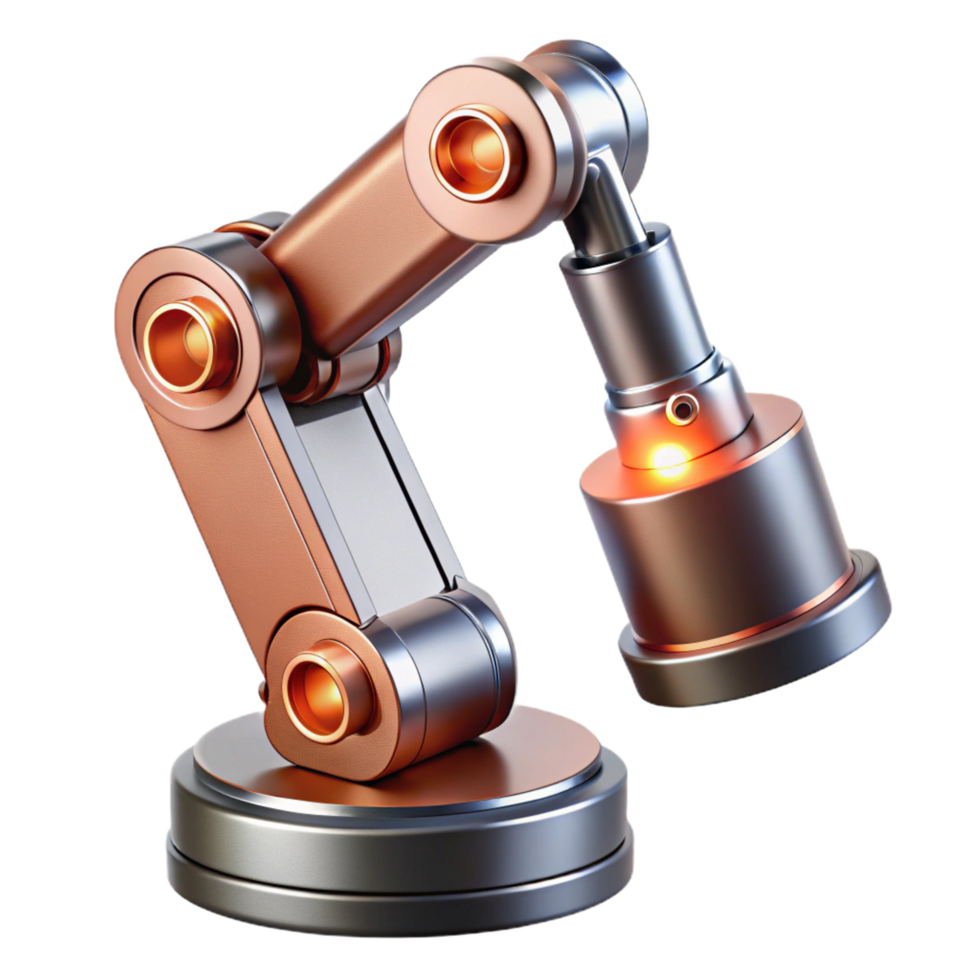 serene tranquil modern Professional render, ultra-detailed, isolated cutout A chrome and copper robotic arm with articulated fingers and glowing vacuum tubes with Transparent Background ultra HD png
