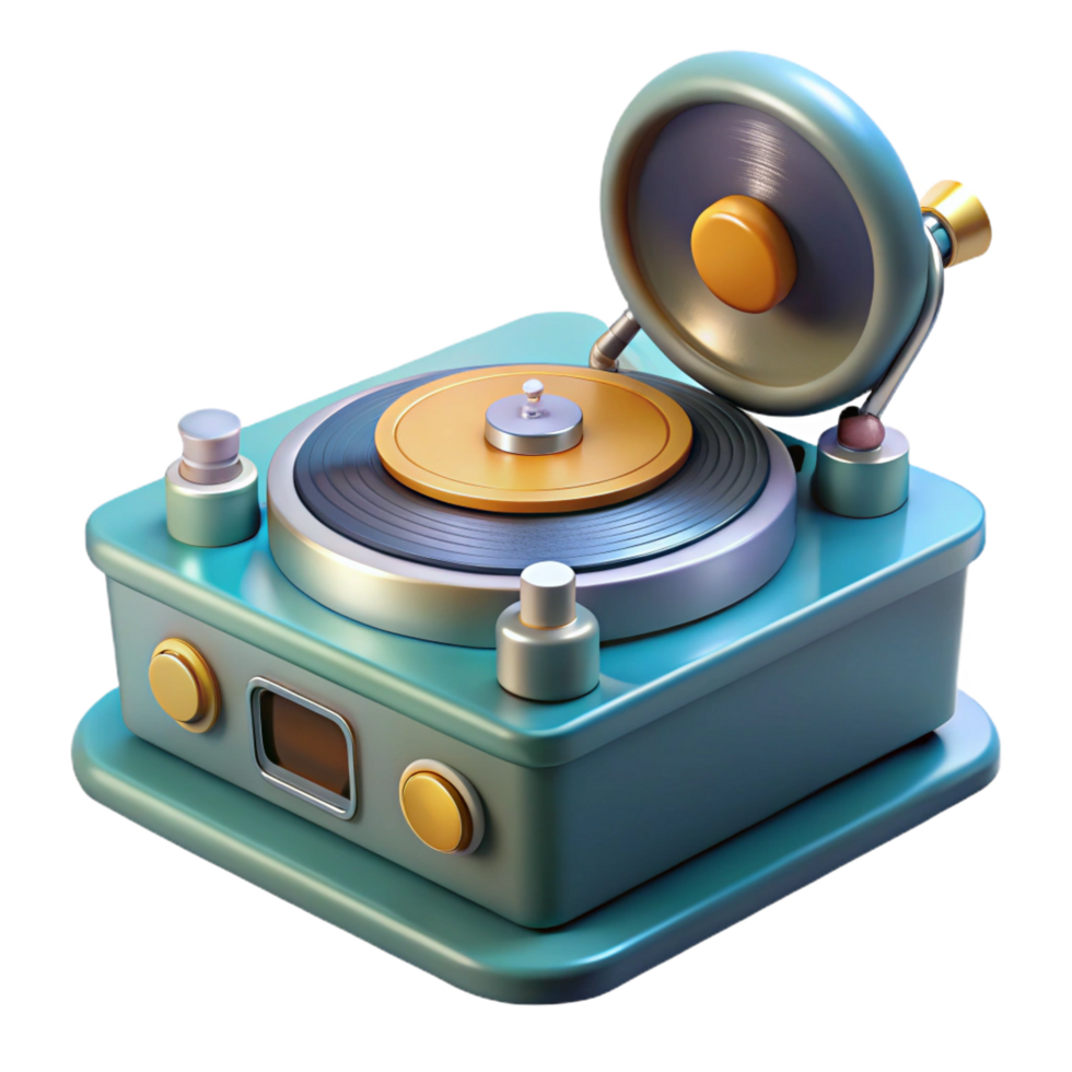 mesmerizing tropical Professional render, isolated cutout of a hyper-specific design for a retro-futuristic record player with vacuum tubes and a levitating turntable with Transparent Background elite png