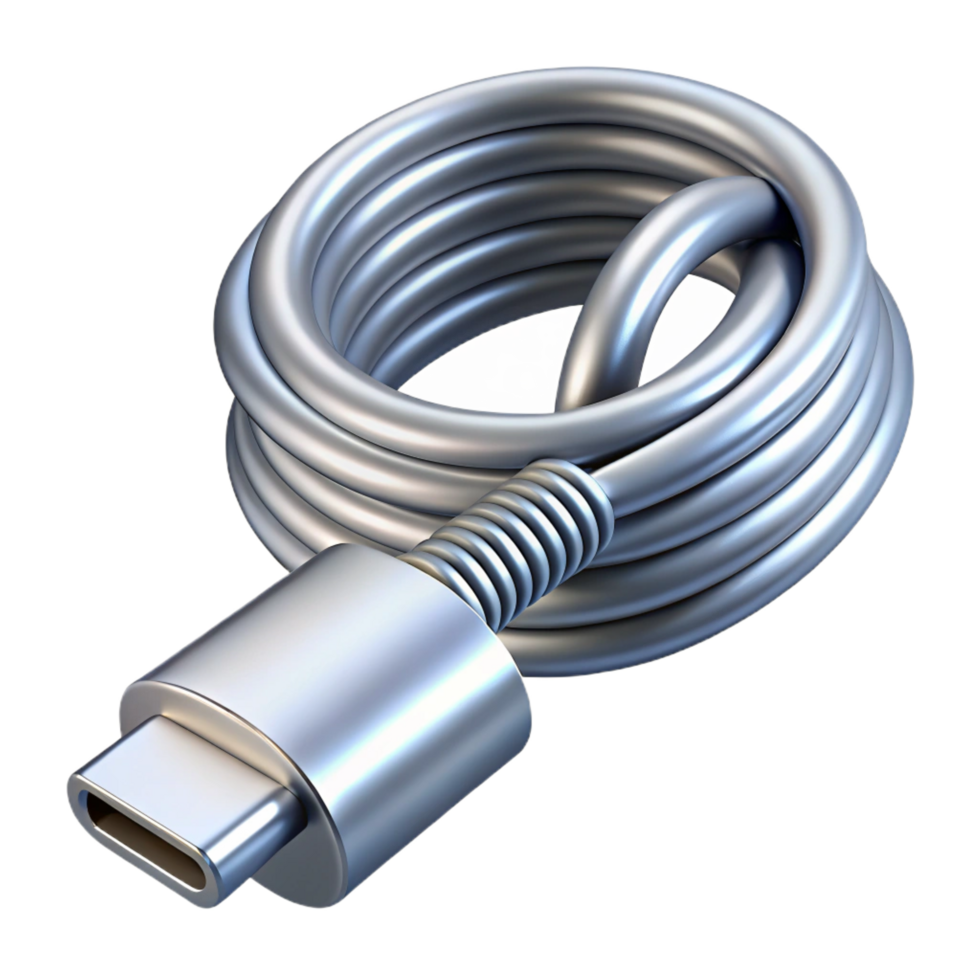 rare impressionist Professional render of a single silver metallic USB-C cable, coiled neatly, isolated cutout with Transparent Background detailed png
