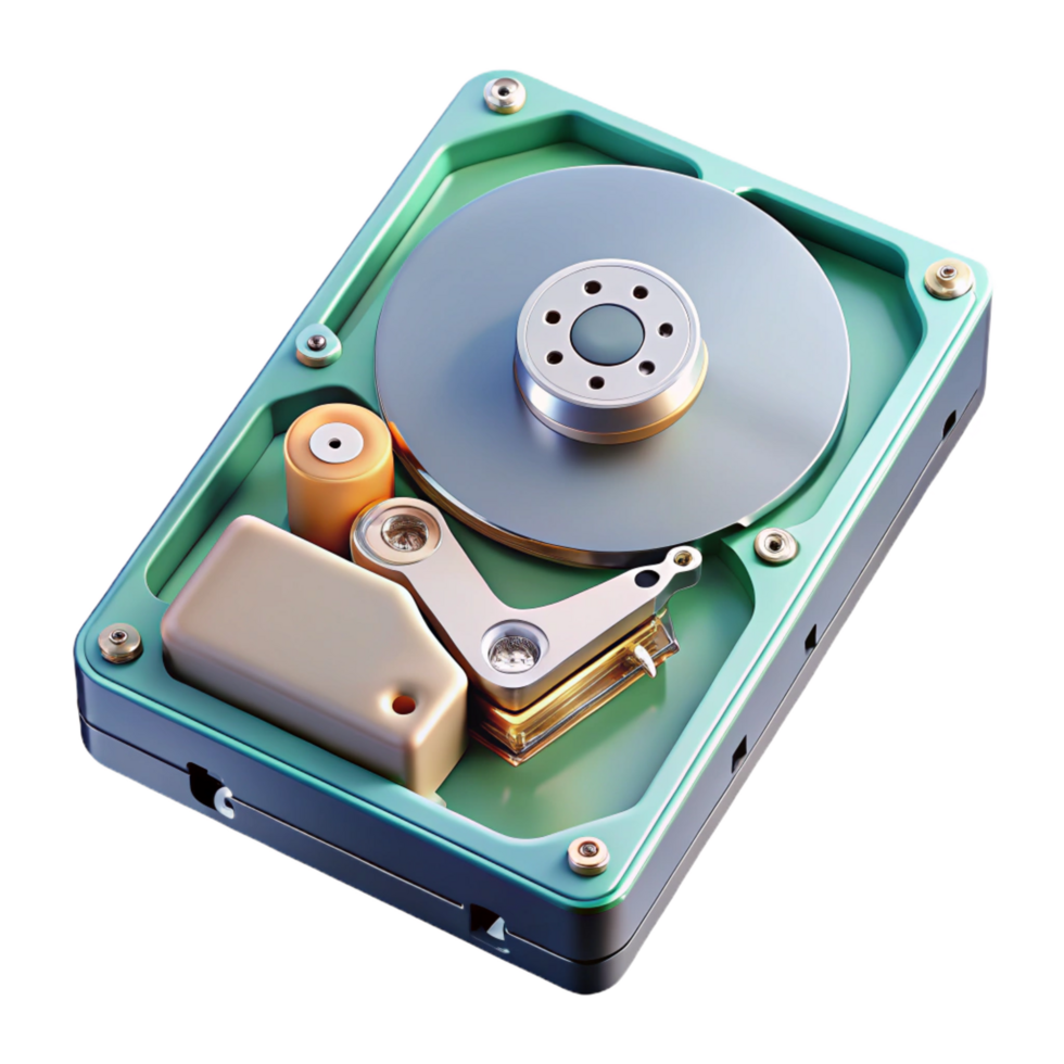breathtaking contemporary Photorealistic render of a single disassembled computer hard drive showing internal components, isolated cutout with Transparent Background original png