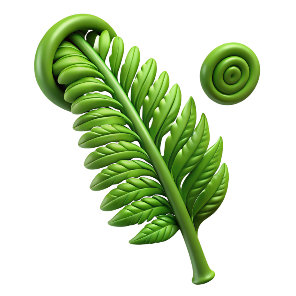 standout traditional Hyper-specific professional render of a single, green fern frond, unfurling, with detailed individual leaves Isolated cutout with Transparent Background studio quality png