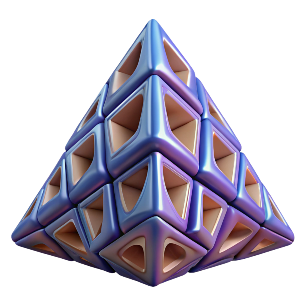dreamy fascinating Hyper-specific, photorealistic render of an isolated, complex, geometric fractal, resembling a Sierpinski triangle with Transparent Background refined png