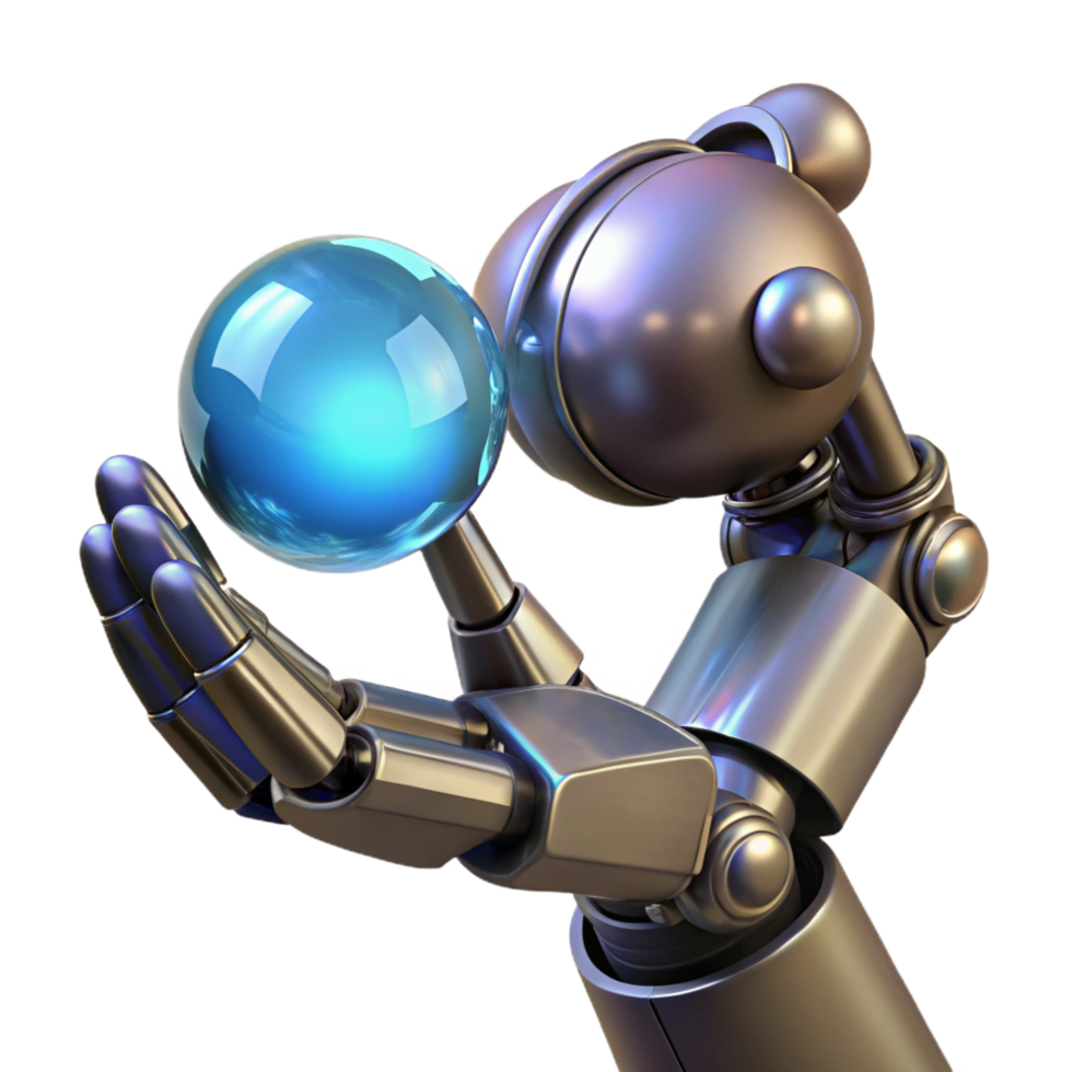 vibrant distinguished Isolated cutout, photorealistic, ultra-detailed render of a single, metallic robotic arm holding a glowing energy sphere, hyper-specific with Transparent Background png