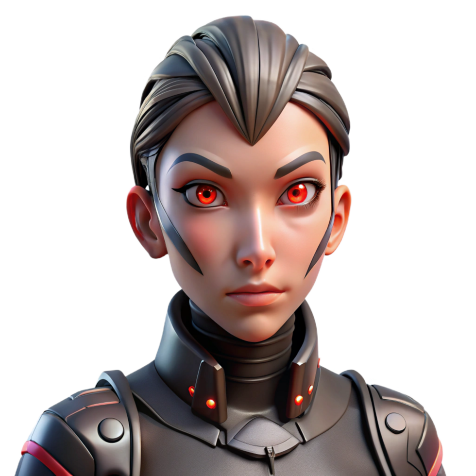 distinctive contemporary Cyberpunk female cyborg portrait with glowing red eyes and intricate face tattoos with Transparent Background 4K png