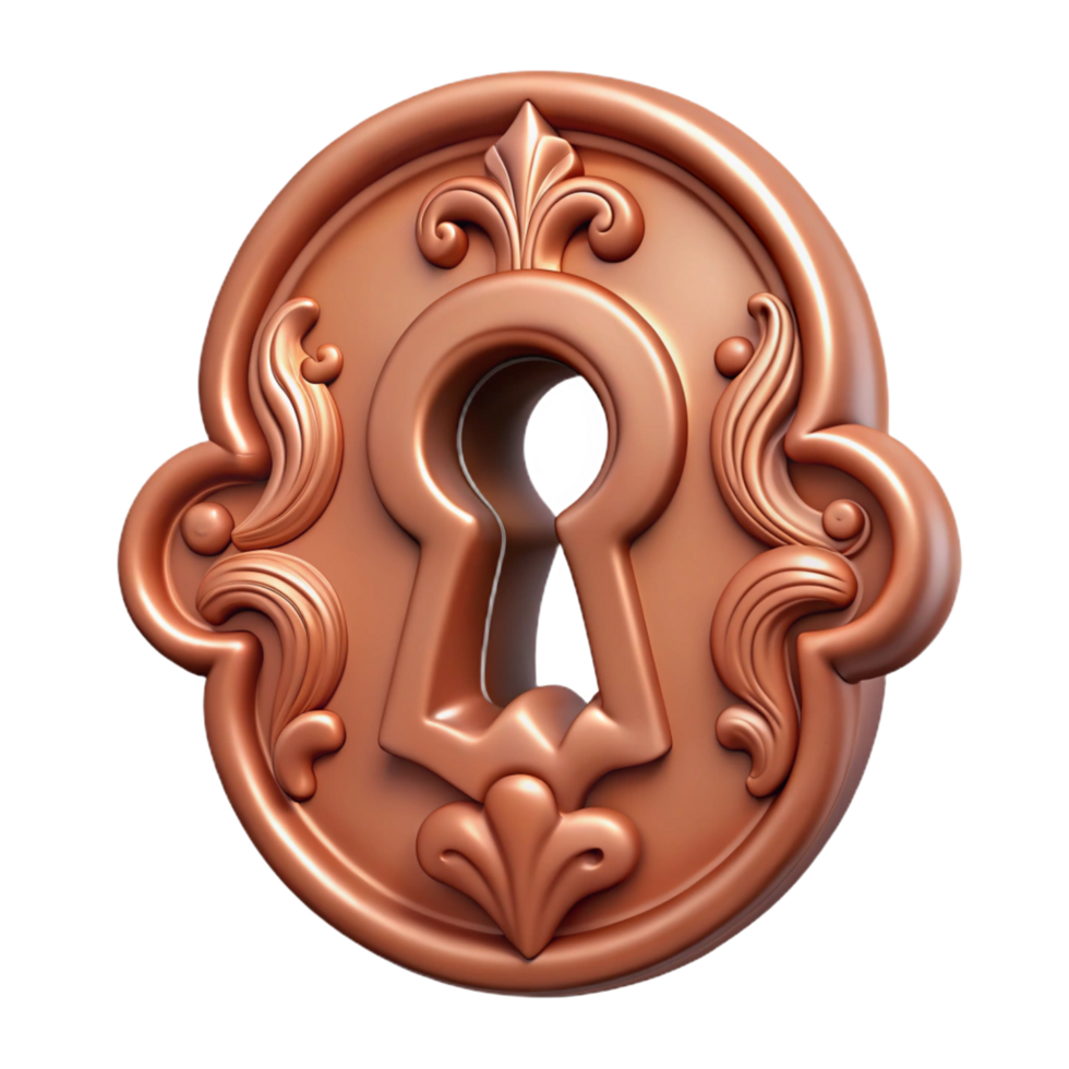 reflective stunning Ultra-detailed, isolated cutout of a single, stylized, keyhole with intricate carvings and ornate details, professional render with Transparent Background refined png
