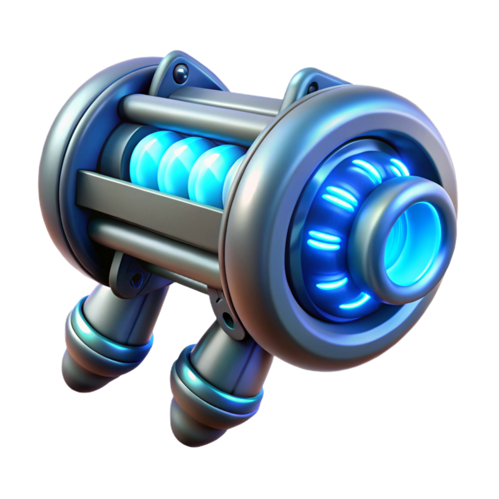 hypnotic renaissance Concept art style, isolated cutout of a futuristic energy weapon with glowing blue energy coils with Transparent Background fine detail png