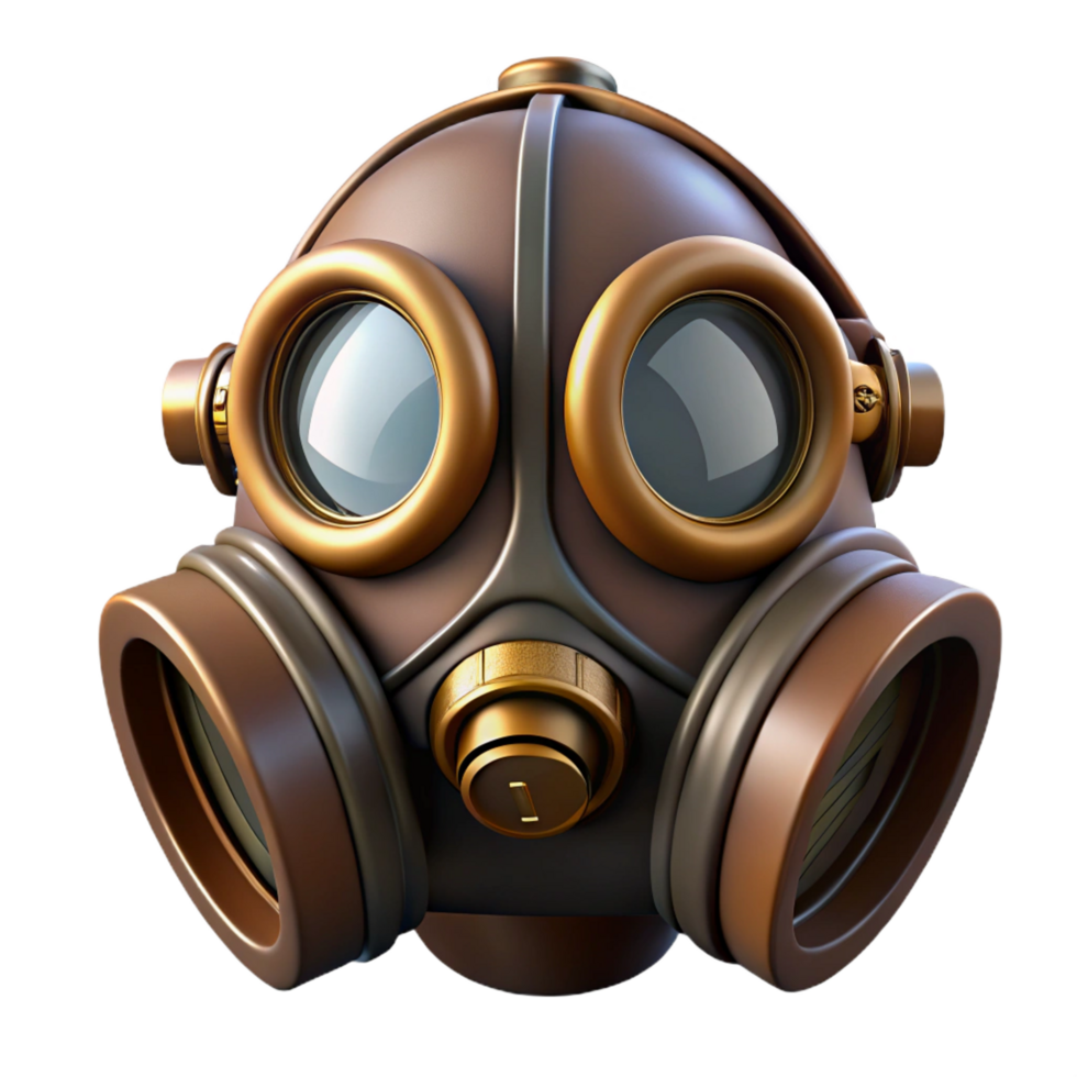 joyful sumptuous Steampunk gas mask with brass fittings and tinted lenses with Transparent Background masterfully captured png