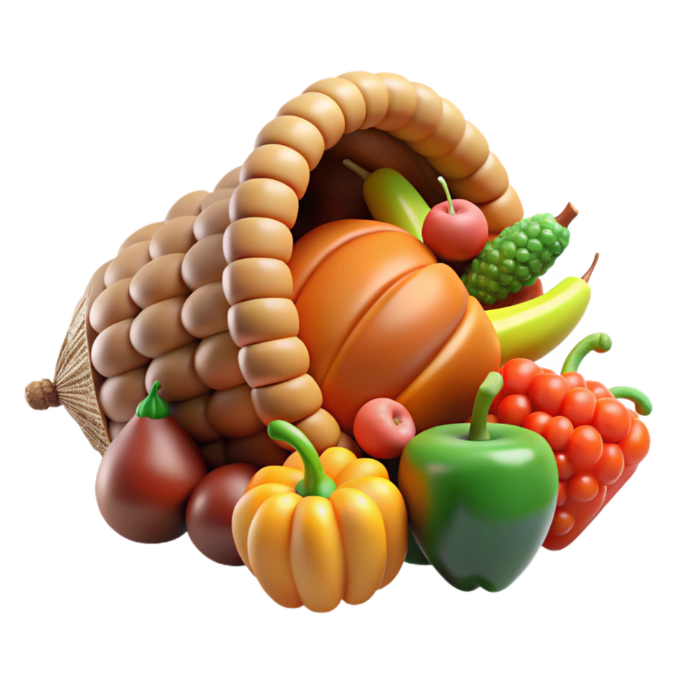 dramatic futuristic Cornucopia, horn of plenty, overflowing with fruits and vegetables, with Transparent Background fine detail png