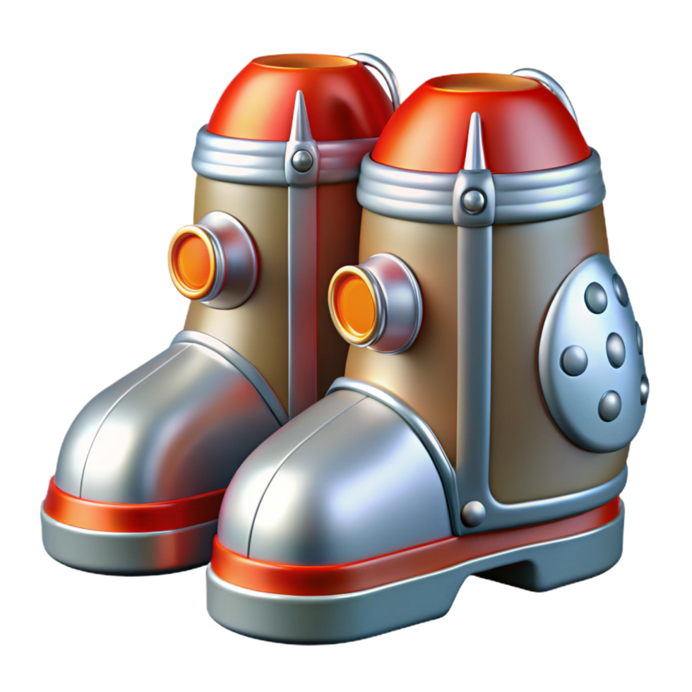 dazzling modern Ultra-detailed, photorealistic isolated cutout of a pair of retro-futuristic rocket boots with fins and exhaust ports, polished aluminum finish with Transparent Background original png