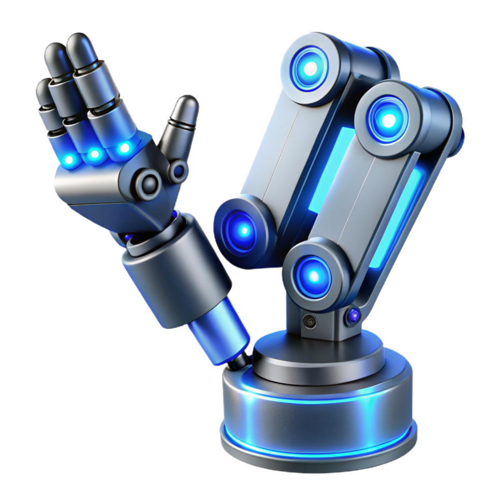 pristine mysterious avant-garde Futuristic robotic arm with intricate wiring and glowing blue accents with Transparent Background top-tier png