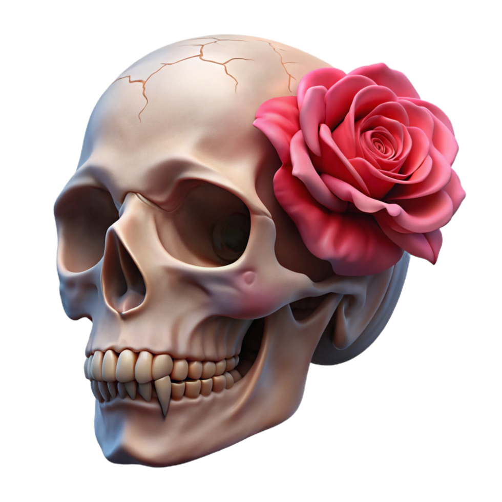 memorable surreal Hyper-specific photorealistic professional render of a weathered human skull with a single rose in its teeth, isolated cutout with Transparent Background 8K png