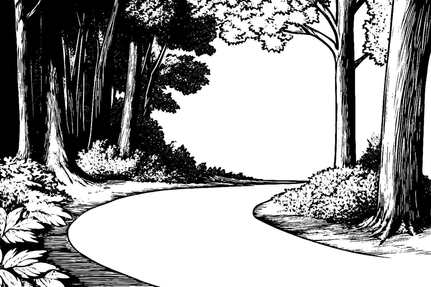 A winding path through a dense forest, surrounded by tall trees and lush foliage. The scene is illustrated in black and white, emphasizing the natural beauty of the landscape. vector