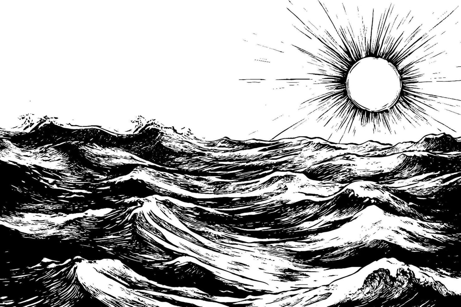 A black and white illustration of turbulent ocean waves under a bright sun. The waves are detailed with flowing lines, creating a sense of movement, while the sun radiates light above. vector