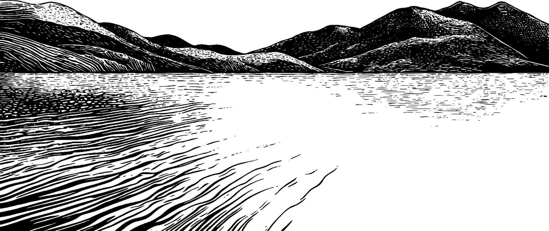 A stylized black and white illustration of a serene landscape featuring rolling hills and a calm body of water. The lines create a sense of movement in the water and texture in the mountains. vector