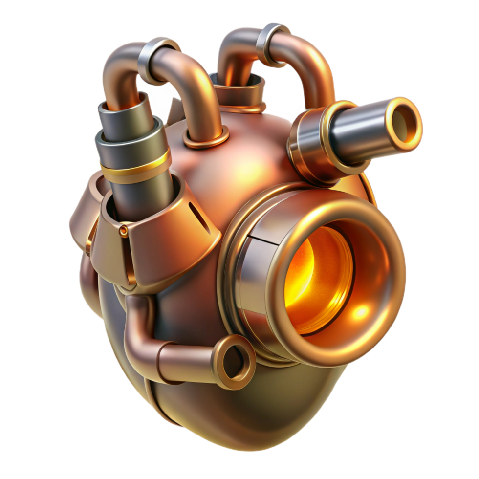 celebrated coastal Hyper-specific concept art style biomechanical heart, glowing core, intricate valves and pipes, brass and copper materials, isolated cutout with Transparent Background premium png