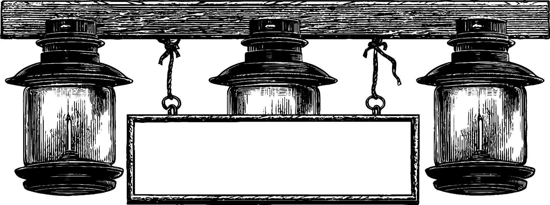 Vintage engraved hanging lanterns with blank sign for customization. vector