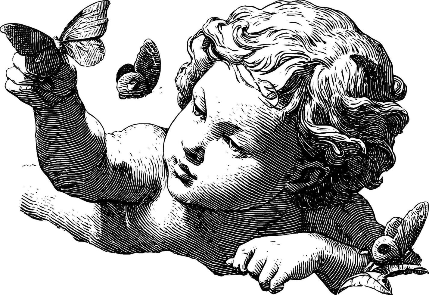 Cherubic child with butterflies - vintage black and white illustration. vector