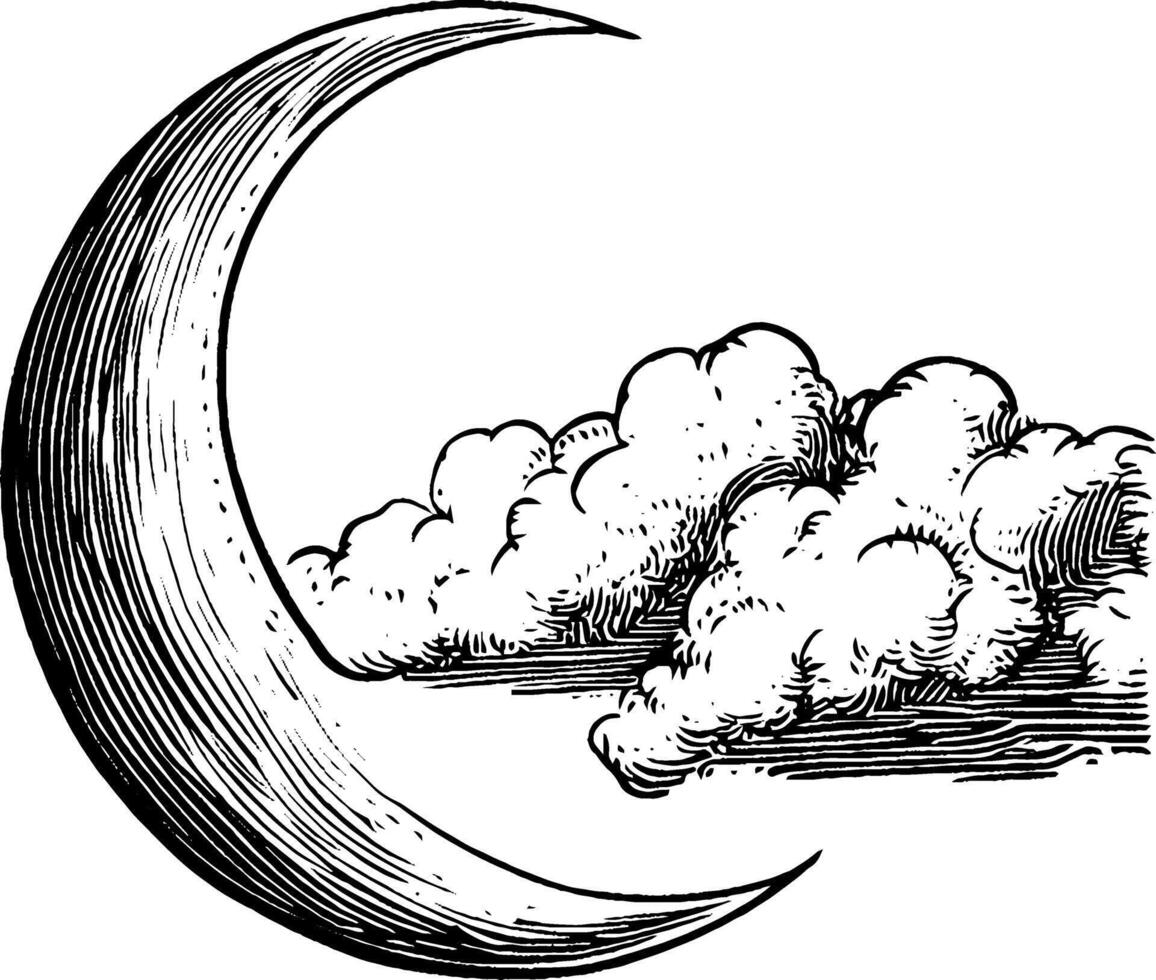 A vintage illustration of a crescent moon partially obscured by fluffy clouds. The moon has a detailed texture, and the clouds are soft and rounded, creating a whimsical night sky scene. vector