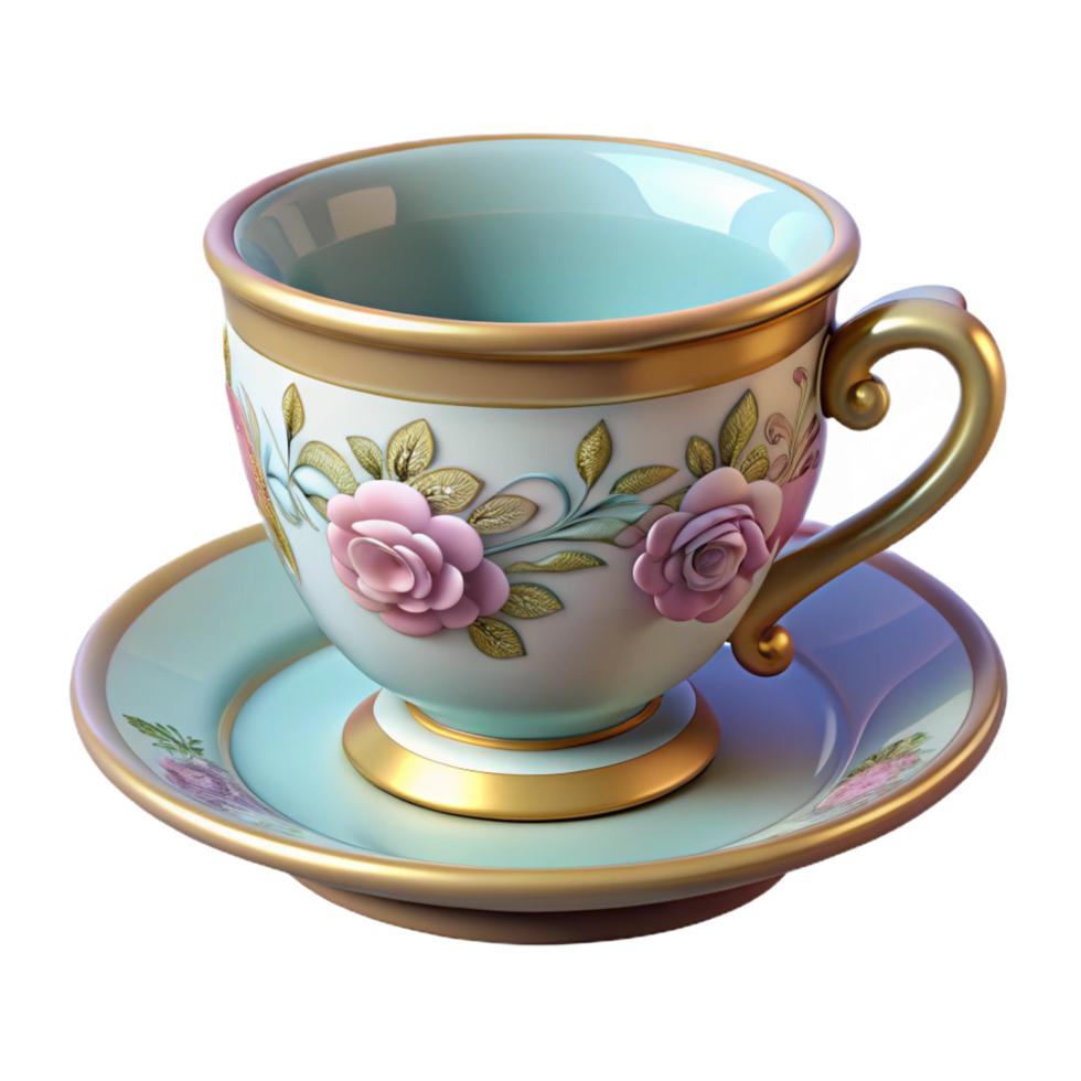 unforgettable futuristic Isolated cutout, ultra-detailed, photorealistic Art Nouveau teacup, porcelain, gilded rim, floral motif with Transparent Background fine detail png
