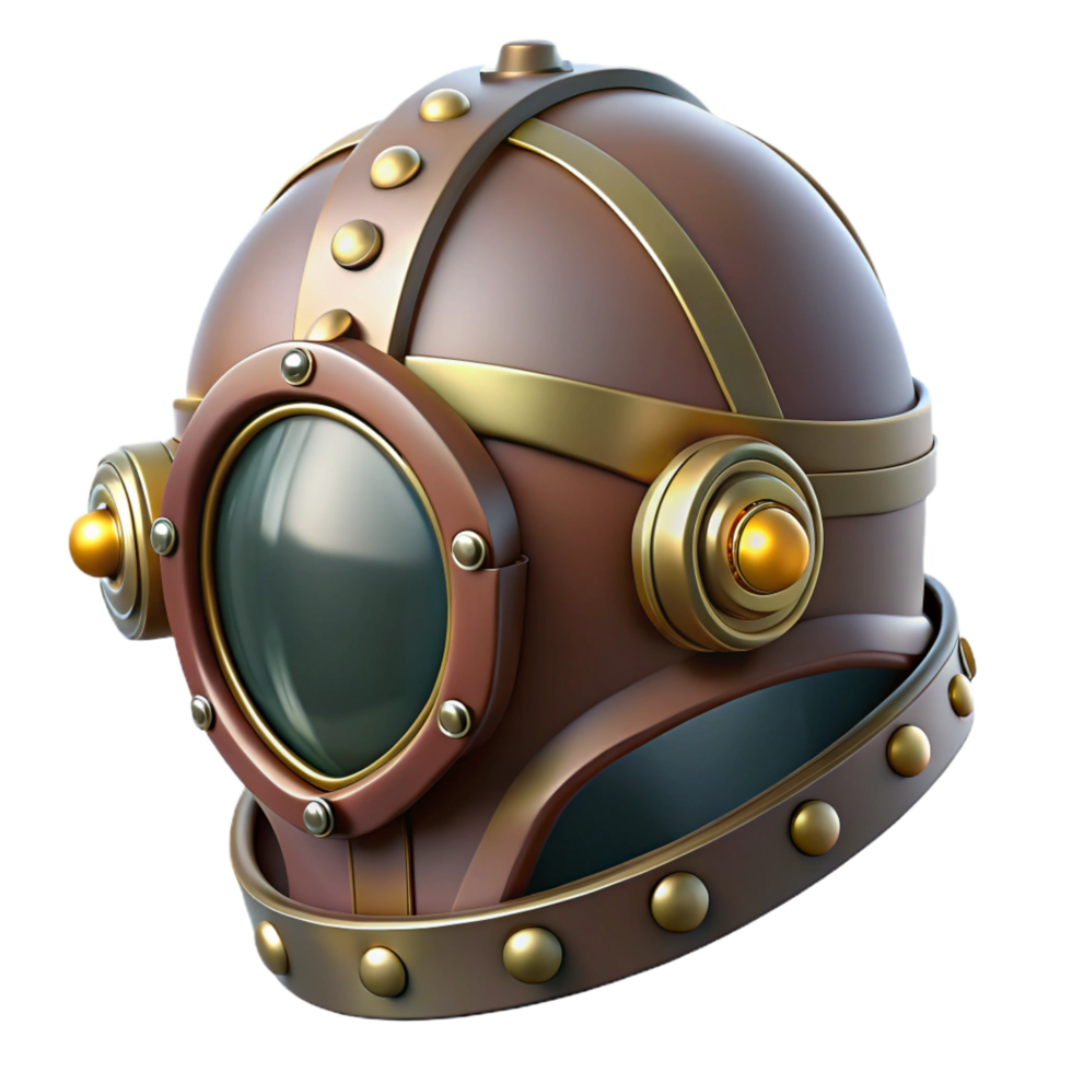 ethereal magnificent Steampunk helmet with a visor and brass embellishments with Transparent Background museum quality png