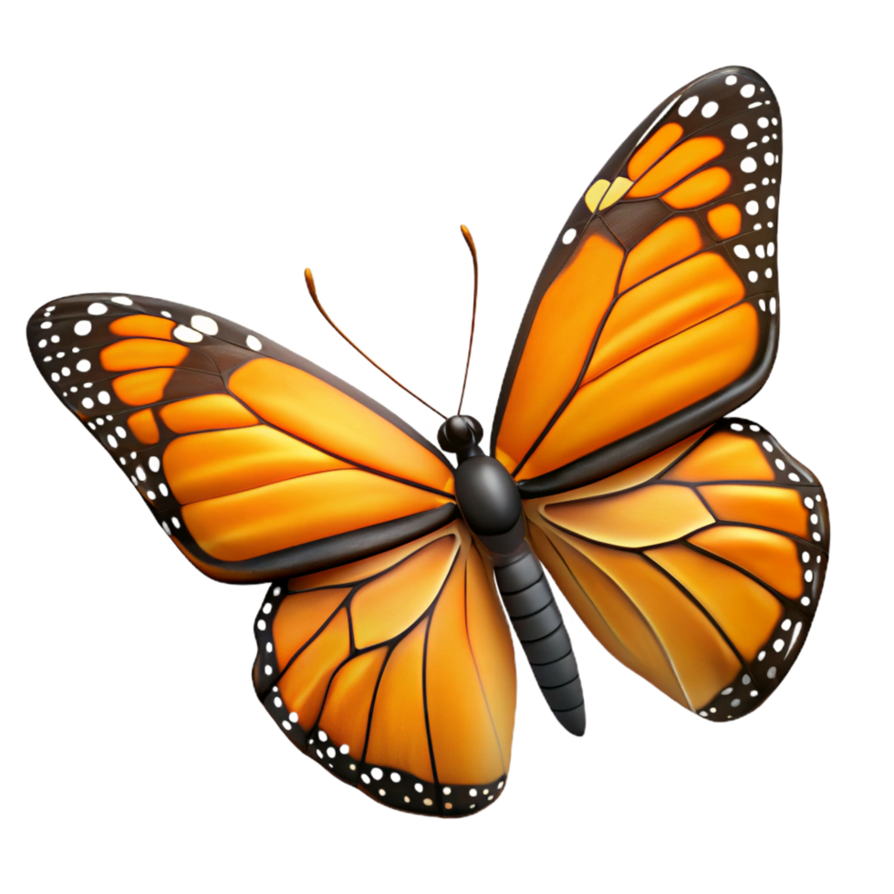 bold majestic Hyper-specific professional render of an isolated cutout single monarch butterfly Danaus plexippus with wings fully spread, dorsal view, with Transparent Background sharp png