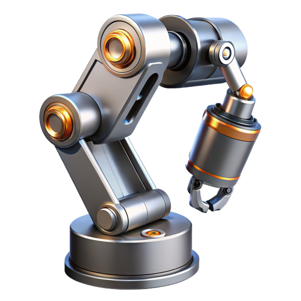 exquisite surreal Concept art style, professional render of a futuristic robotic arm with exposed wiring and metallic plating Isolated cutout with Transparent Background museum quality png