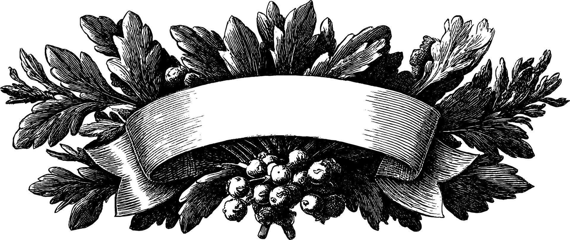 Vintage decorative wreath with ribbon and leaves for ornamental design. vector