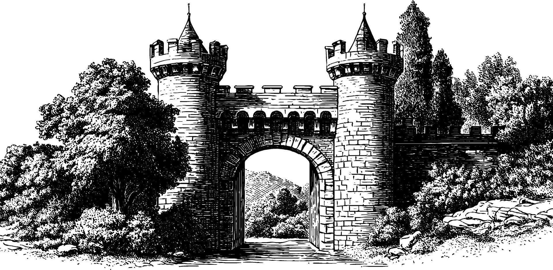 Historic castle gate engraved illustration for medieval fantasy design. vector